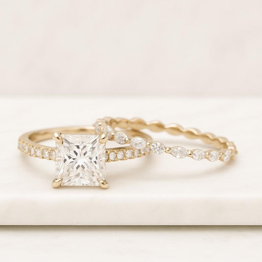 Princess Cut Engagement Ring Lab Diamond Ring for Women Pave Setting Ring Set