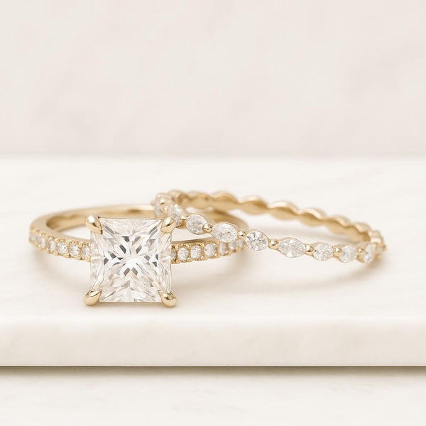 Princess Cut Engagement Ring Lab Diamond Ring for Women Pave Setting Ring Set