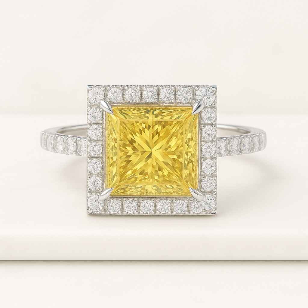 Princess Cut Halo Engagement Ring Dainty Pave Band White Gold