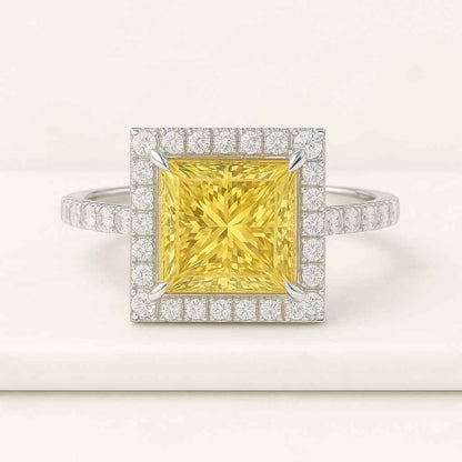 Princess Cut Halo Engagement Ring Dainty Pave Band White Gold