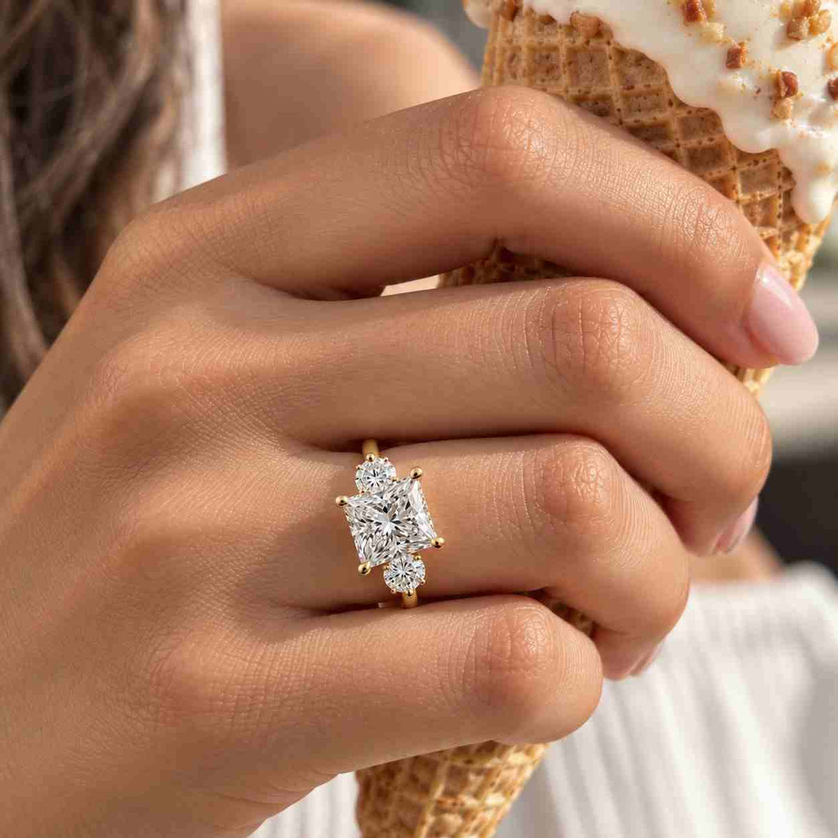 Princess Cut Lab Diamond Engagement Ring 14k Yellow Gold Cluster Moissanite