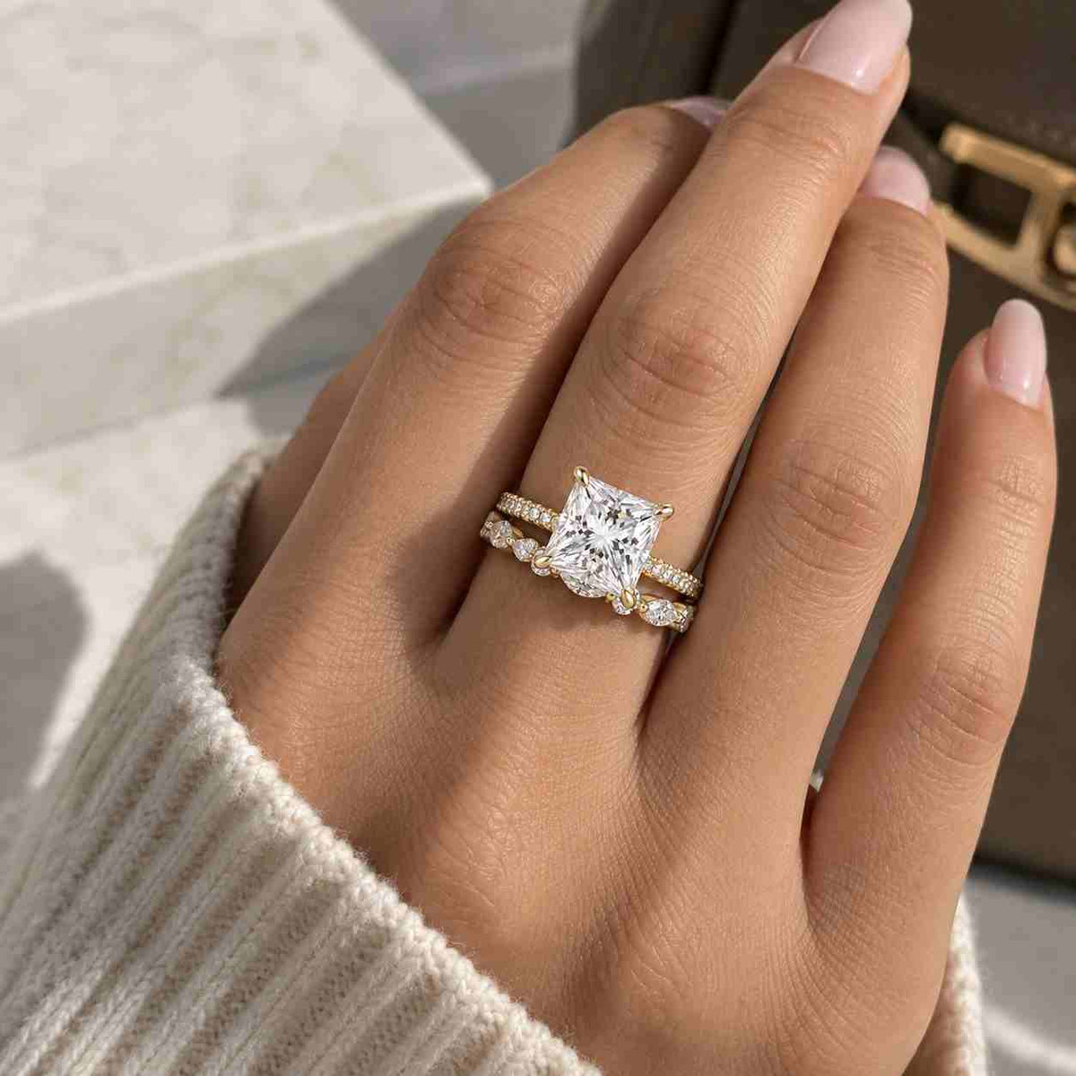 Princess Cut Lab Grown Diamond Engagement Ring,1.00 CT IGI Certified,Bypass Halo,Solid 14K Gold or Platinum,Custom Promise or Proposal Ring