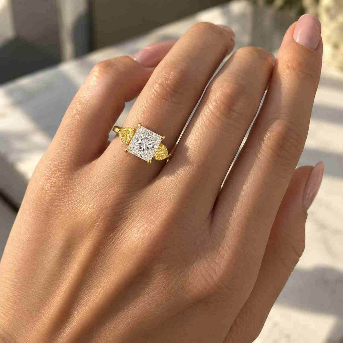 Princess Cut Lab Grown Diamond Engagement Ring, 14k Gold Three Stone Diamond Ring For Her, Side Pear Diamond Wedding Ring For Bridal Gift