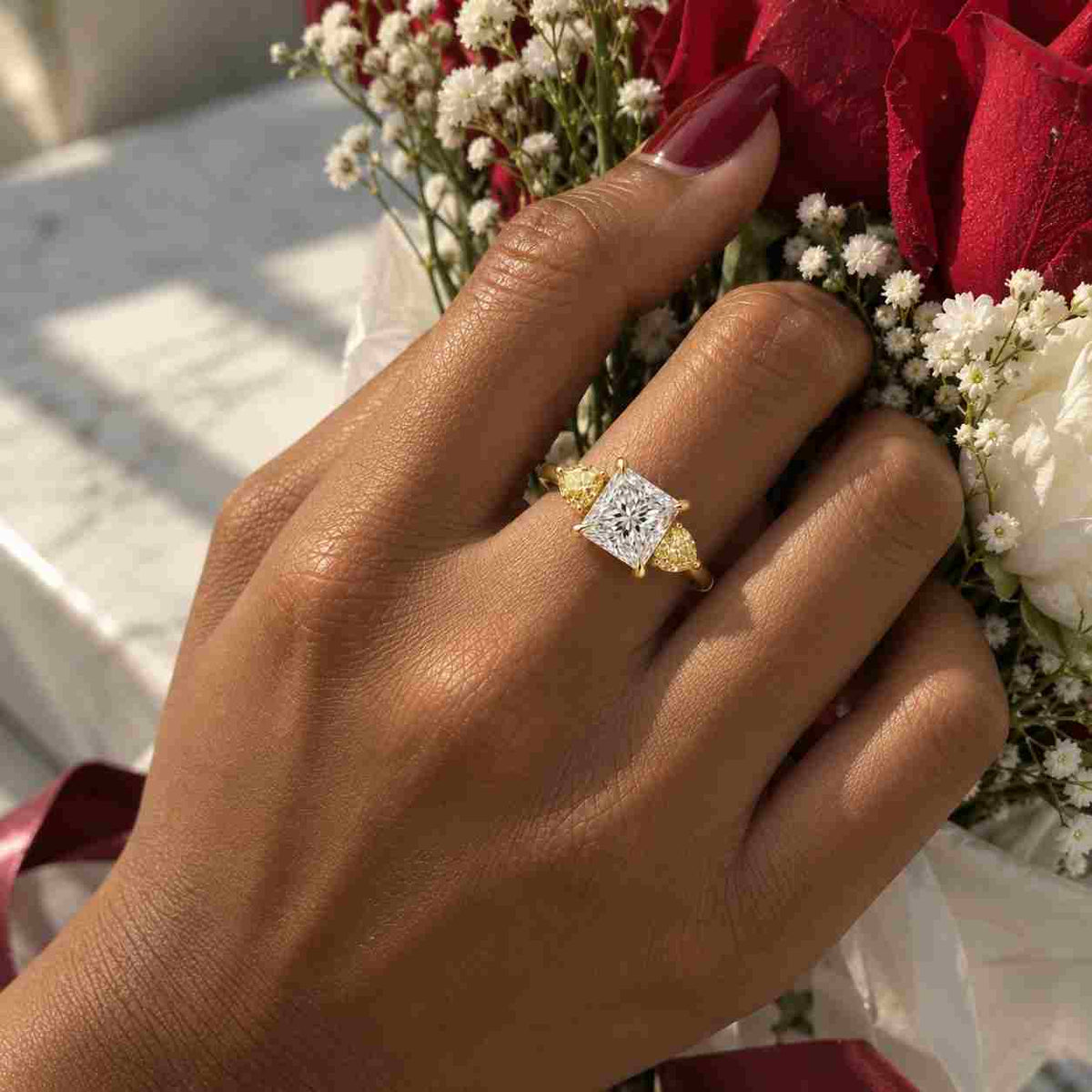 princess cut lab grown diamond engagement ring, 14k gold three stone diamond ring for her, side pear diamond wedding ring for bridal gift