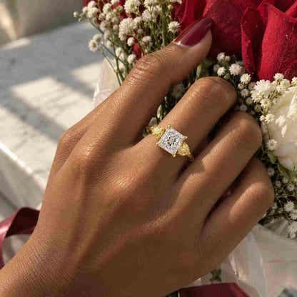 Princess Cut Lab Grown Diamond Engagement Ring, 14k Gold Three Stone Diamond Ring For Her, Side Pear Diamond Wedding Ring For Bridal Gift