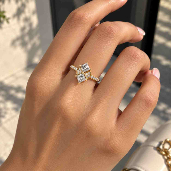 Princess Cut Lab Grown Diamond Engagement Ring, Art Deco Rose Gold Wedding Ring, Unique Cluster Diamond Ring, Custom Bridal Ring for Women
