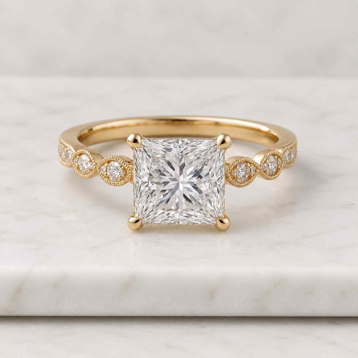 princess cut lab grown diamond engagement ring, igi certified, bypass halo, solid 14k gold, custom promise or proposal ring
