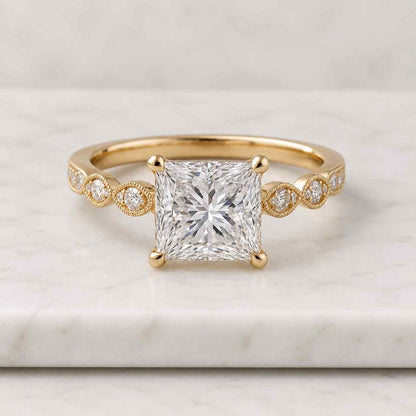 Princess Cut Lab Grown Diamond Engagement Ring, IGI Certified, Bypass Halo, Solid 14K Gold, Custom Promise or Proposal Ring