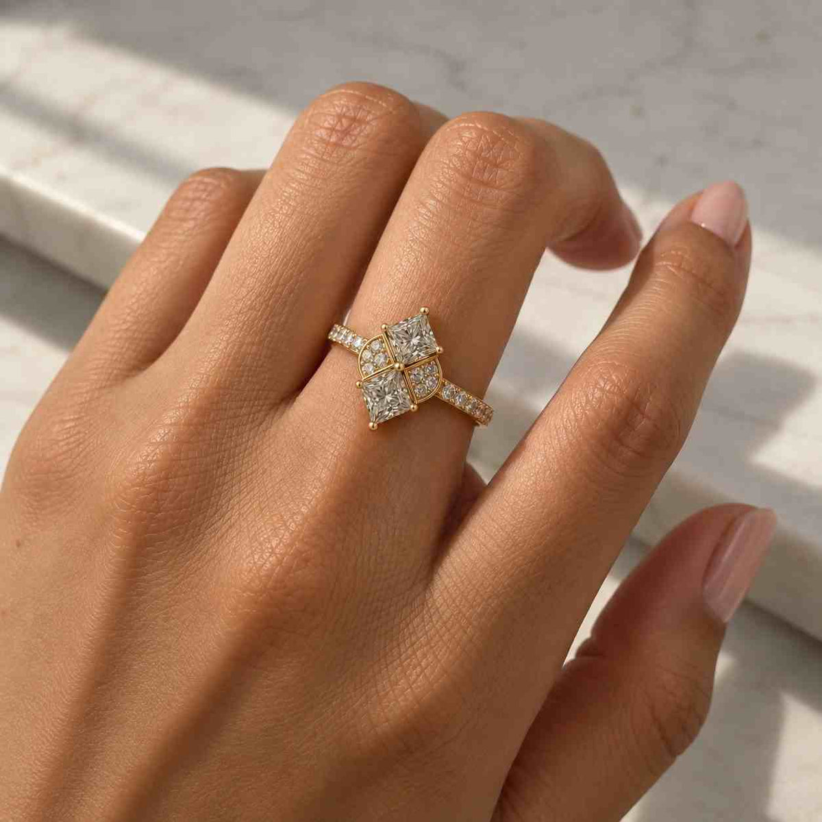 Princess Cut Lab Grown Diamond Ring, Baguette Cluster Engagement Ring, Art Deco Halo Ring, Solid Gold Unique Bridal Gift
