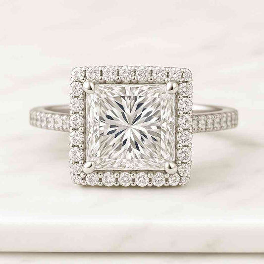 Princess Cut Lab Grown Diamond Ring Proposal Ring for Her Distance Pave Setting Ring Unique Anniversary Gift