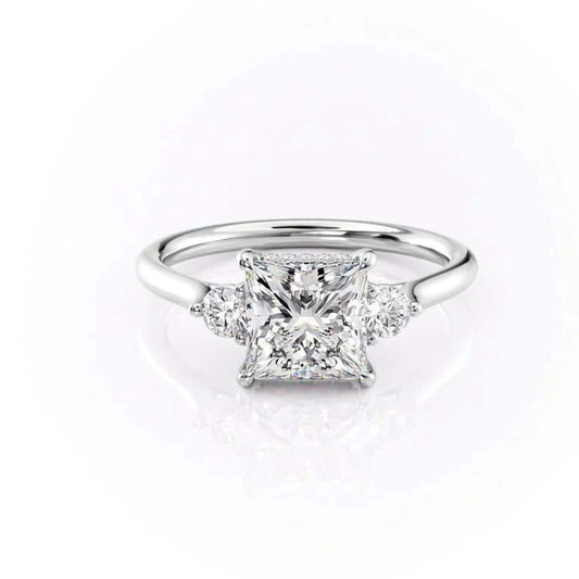 Princess Cut Lab Grown Diamond Ring, Three Stone Stunning Engagement Ring, Hidden Halo Lab Grown Diamond Gift For Her