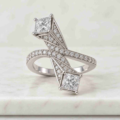 Princess Cut Lab Grown Diamond Three Stone Engagement Ring, Baguette Side Stones, Pavé Gold