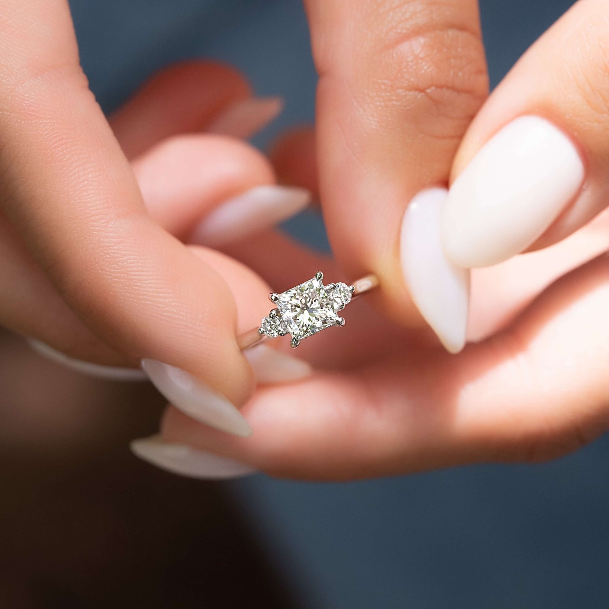 Princess Cut Three Stone Lab Grown Diamond Engagement Ring with Hidden Halo 
