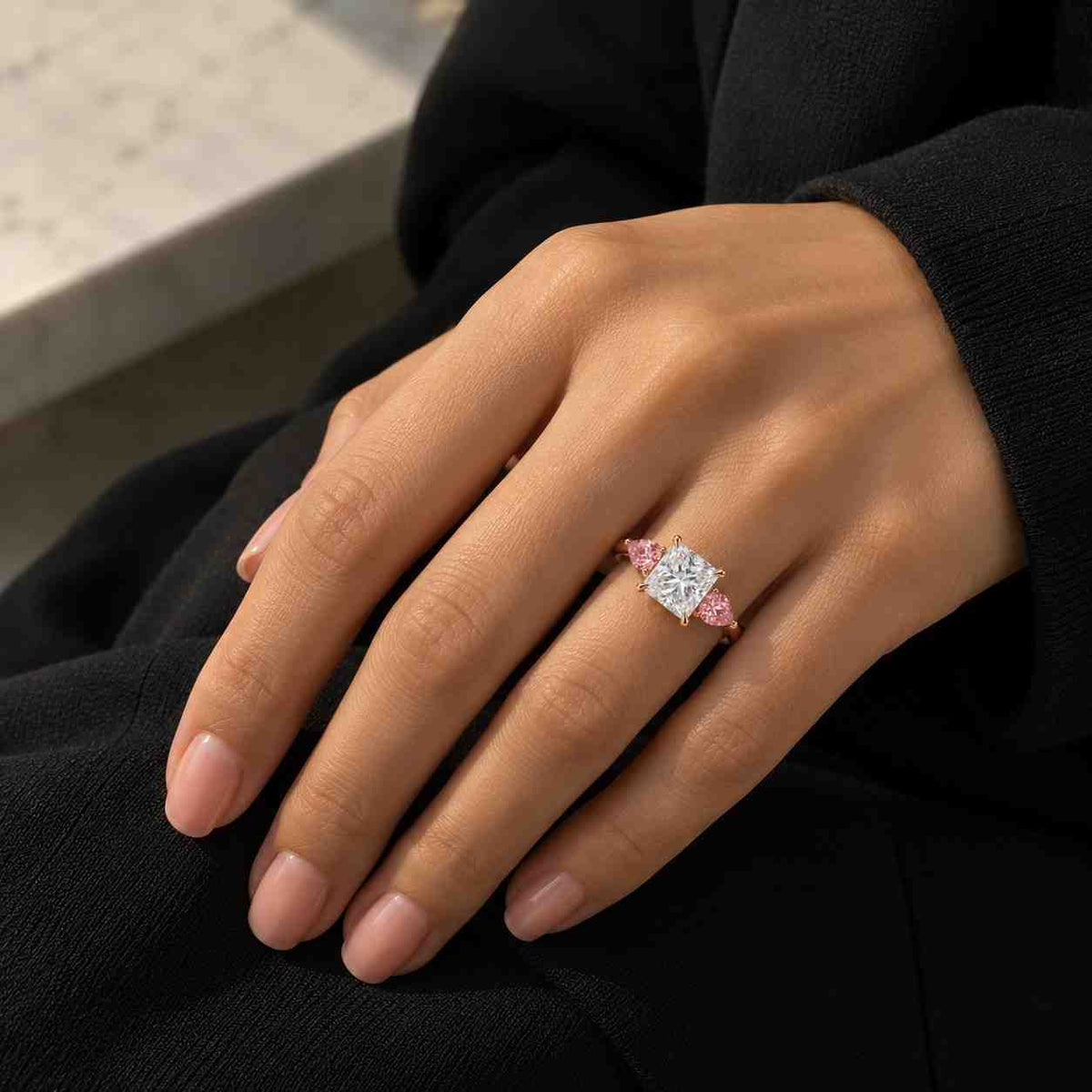 Princess Cut Diamond Engagement Ring Genuine Lab Grown Diamond Ring Proposal Ring for Her Distance Pave Setting Ring Unique Anniversary Gift