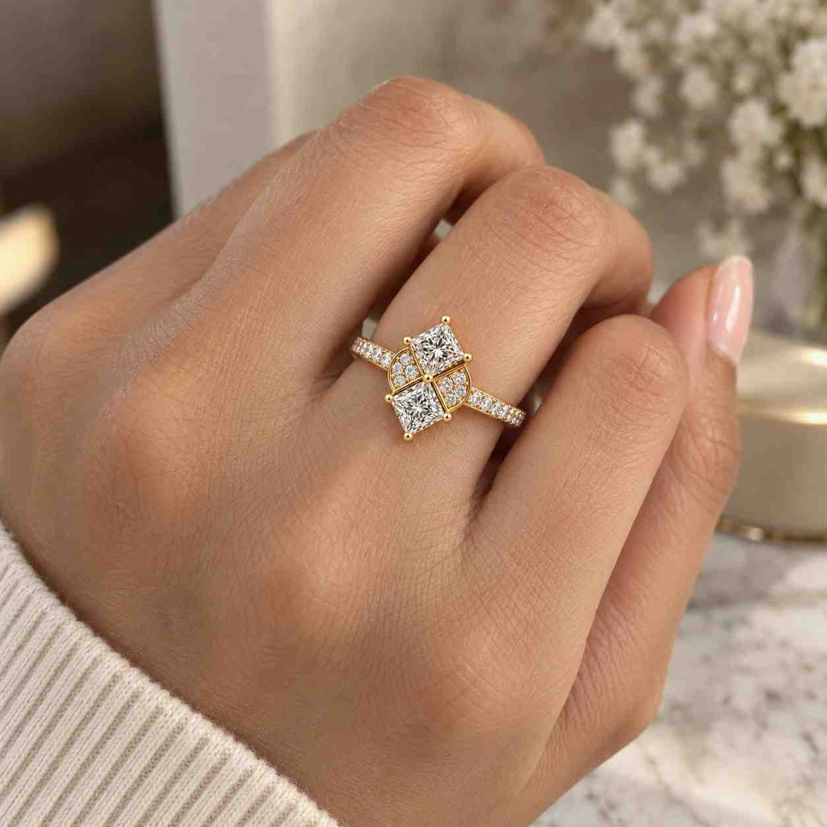 Princess Natural Diamond Engagement Ring, 18K Rose Gold Wedding Ring, Cluster Diamond Ring, Moissanite Ring, Promise Rings for Women

