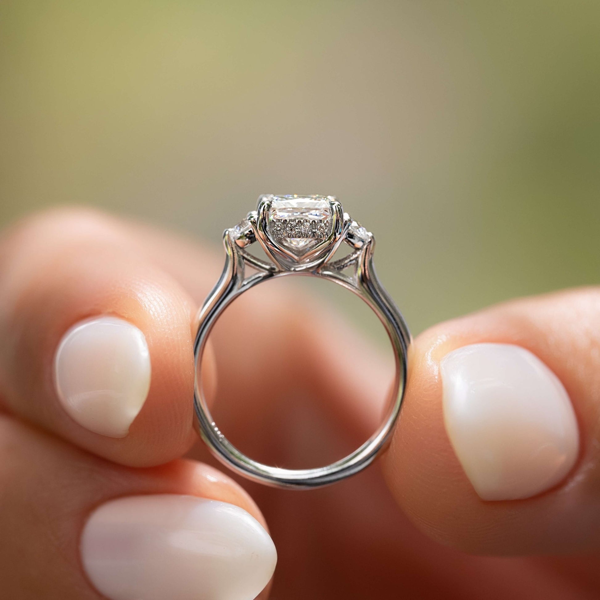 Princess cut Simulated Diamond 3 stone Trilogy Ring in White Gold or Titanium - engagement ring - handmade ring