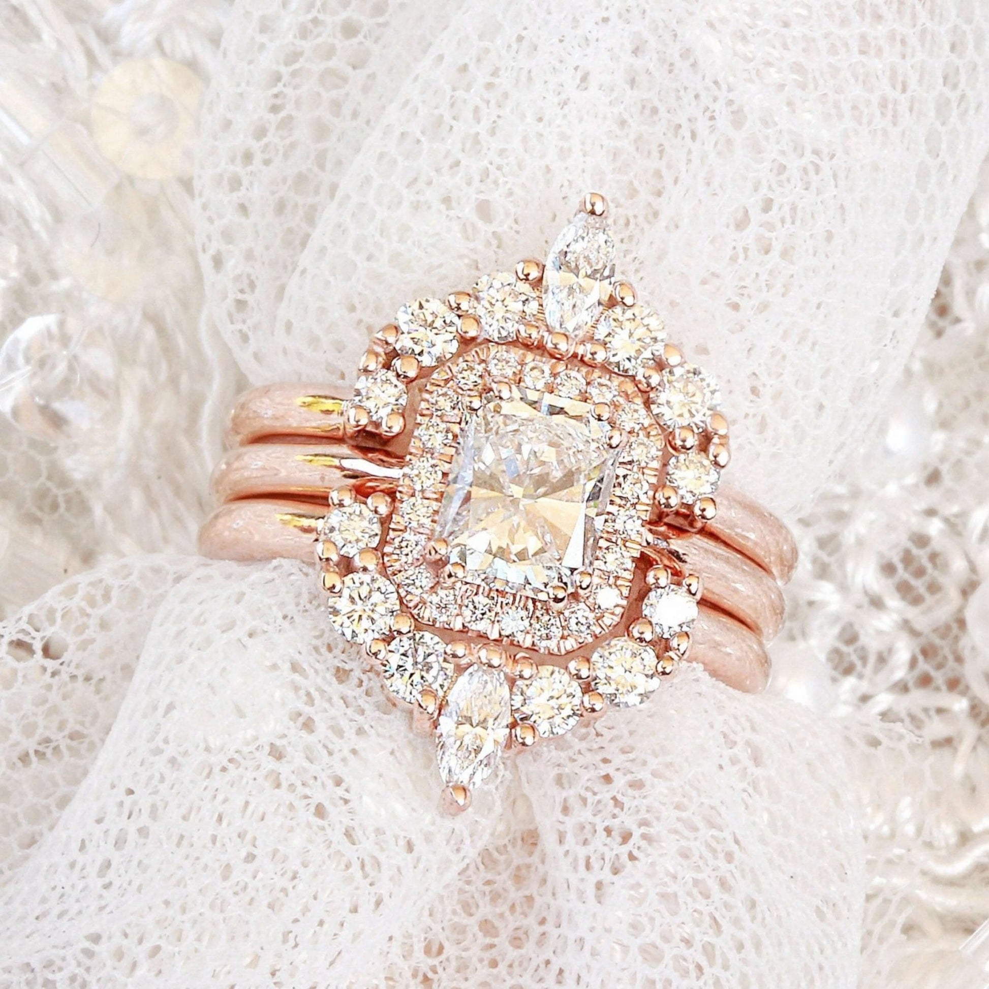 Radiand Cut Crushed Ice Moissanite Wedding Bridal Set Ring