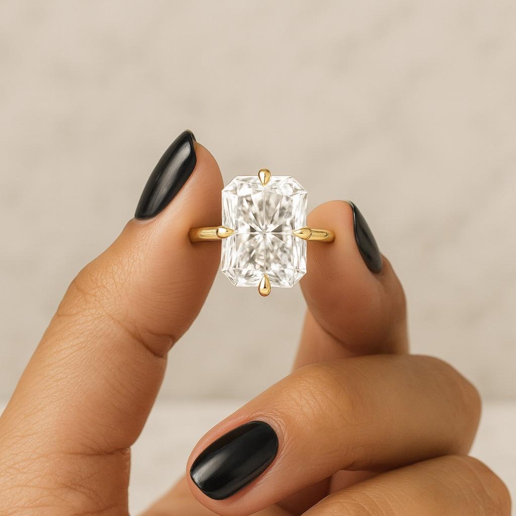 Radiant Cut Diamond Solitaire Ring Lab Grown Diamond Halo Engagement Ring, Prong Set Diamond Ring 14K Solid Gold Ring