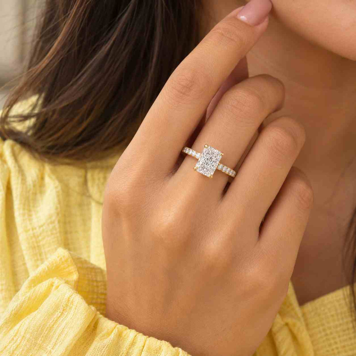 radiant cut 4.50 ct lab grown diamond engagement ring: 14k 18k gold hidden halo
