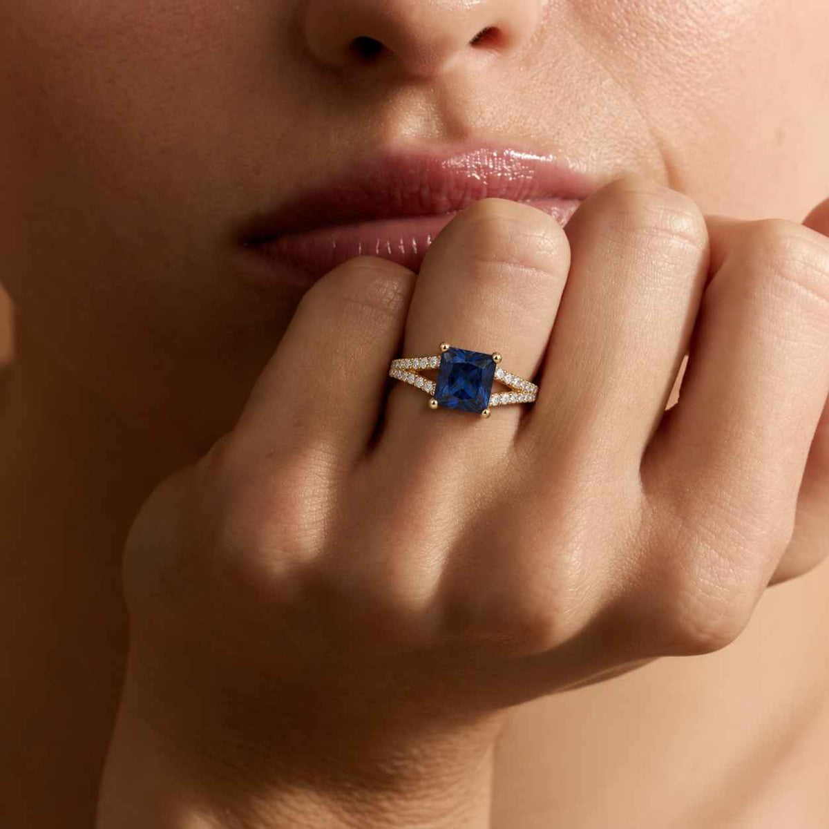 radiant cut blue sapphire engagement ring, halo diamond ring, vintage style gold ring, split shank bridal ring, unique promise ring for her
