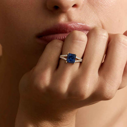 Radiant Cut Blue Sapphire Engagement Ring, Halo Diamond Ring, Vintage Style Gold Ring, Split Shank Bridal Ring, Unique Promise Ring For Her
