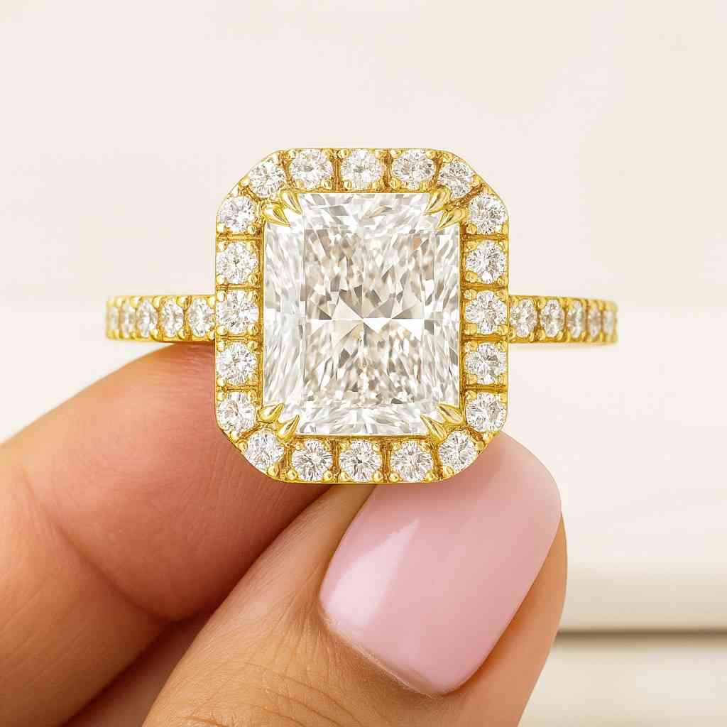 radiant cut diamond solitaire ring lab grown diamond halo engagement ring