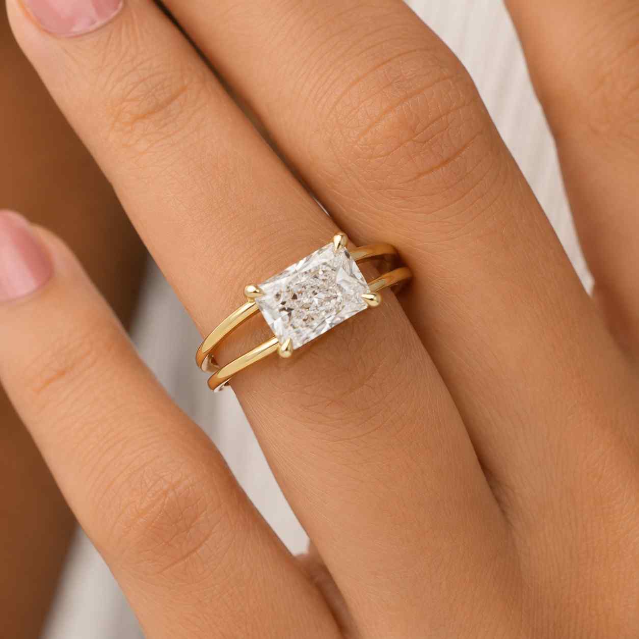 radiant cut lab diamond engagement ring, hidden halo split shank solitaire (igi certified)