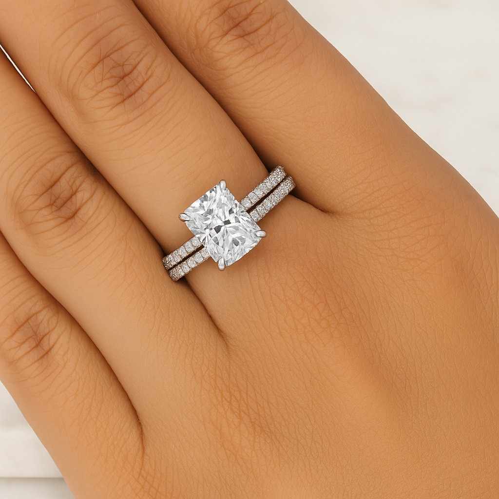 Radiant Cut Lab Diamond Ring IGI Certified  Hidden Halo Yellow Gold Pave Band