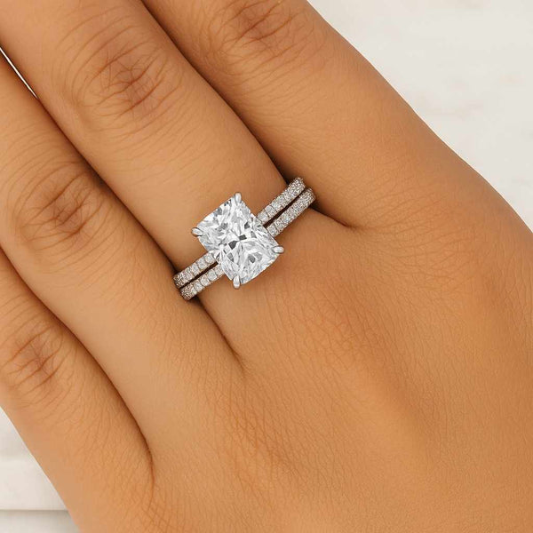 Radiant Cut Lab Diamond Ring IGI Certified  Hidden Halo Yellow Gold Pave Band