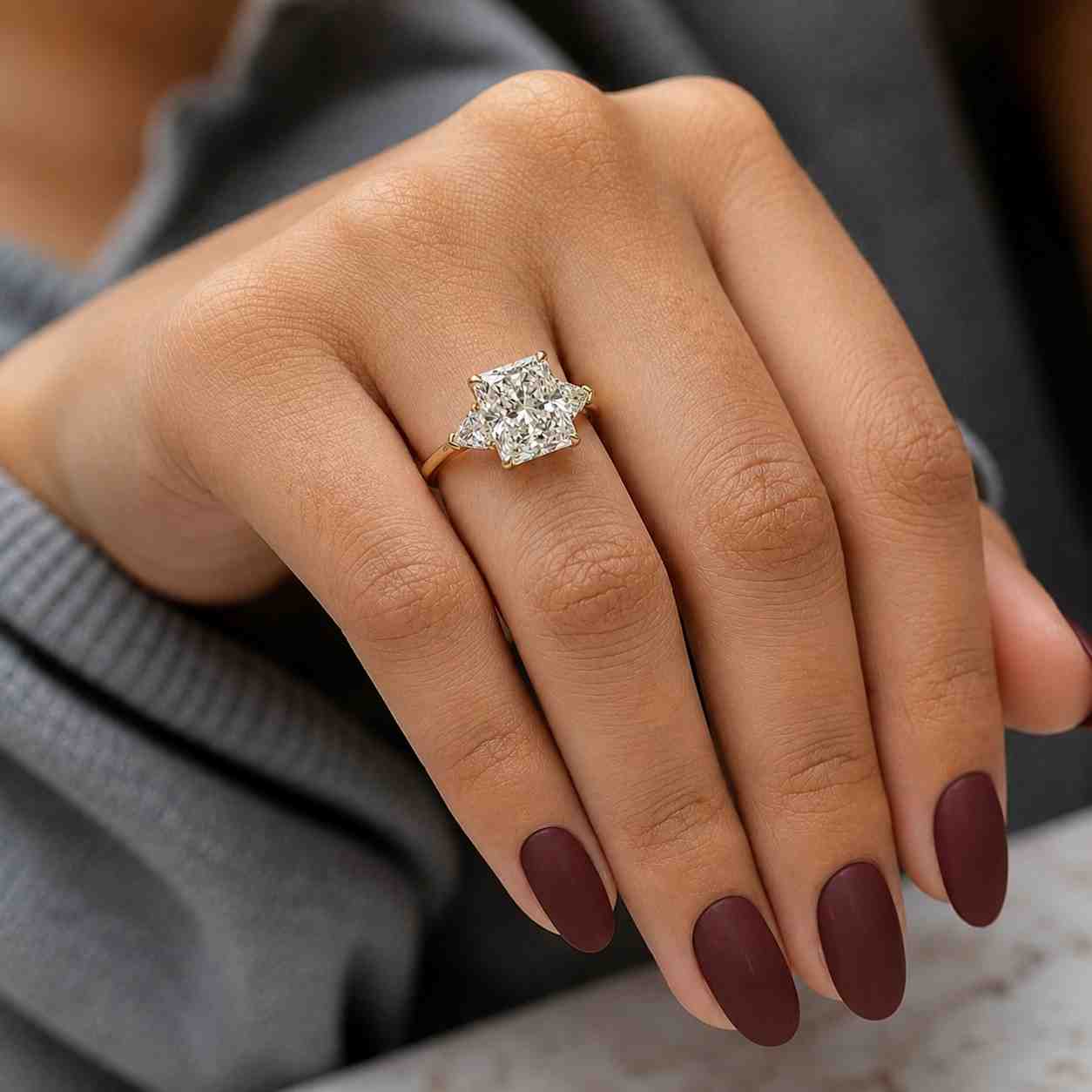 radiant cut lab grown diamond 5.5 carat igi certified three stone 18k gold engagement ring