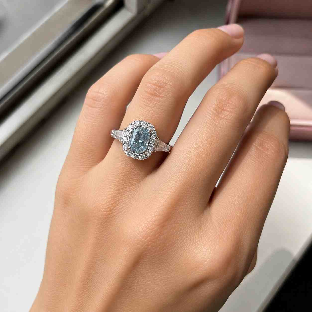 radiant cut lab grown diamond engagement ring: 14k gold pave setting
