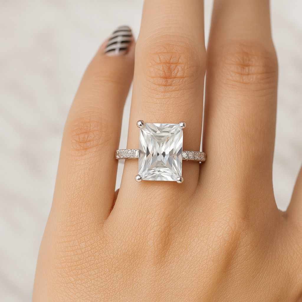 Radiant Cut Lab Grown Diamond Engagement Ring 14k Gold Wide Band