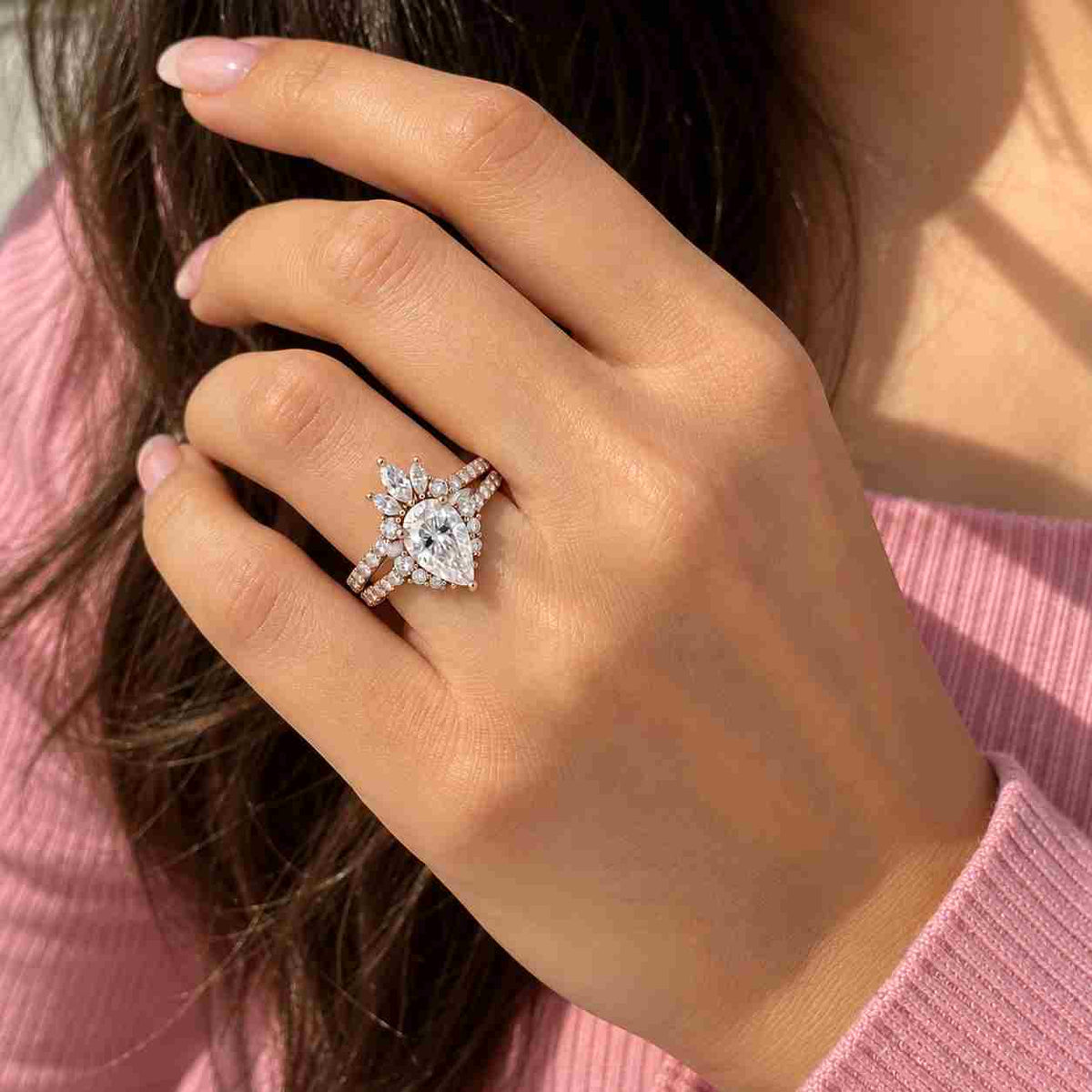radiant cut lab grown diamond engagement ring set, pave wedding band, yellow gold bridal set, luxury wedding jewelry gift