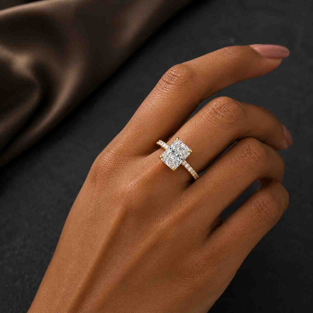 radiant cut lab grown diamond hidden halo engagement ring, pave band ring for women, igi certified diamond anniversary gift, promise ring