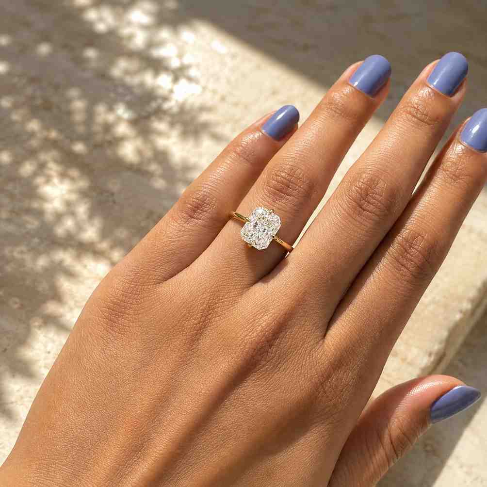 radiant cut lab grown diamond solitaire engagement ring, 14k gold hidden halo ring, minimalist lab diamond ring, anniversary gift for her