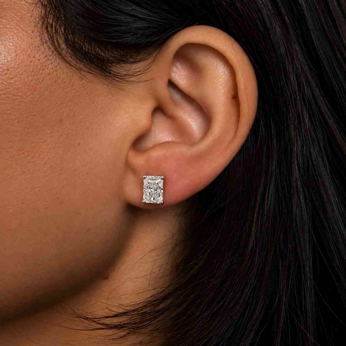 4 carat radiant cut lab grown diamond stud earrings: 14k yellow gold

