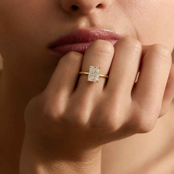 Radiant Cut Lab Grown Engagement Ring,Yellow Gold Split Shank Solitaire Ring, Hidden Halo Diamond Ring, Modern Bridal Ring, Anniversary Gift
