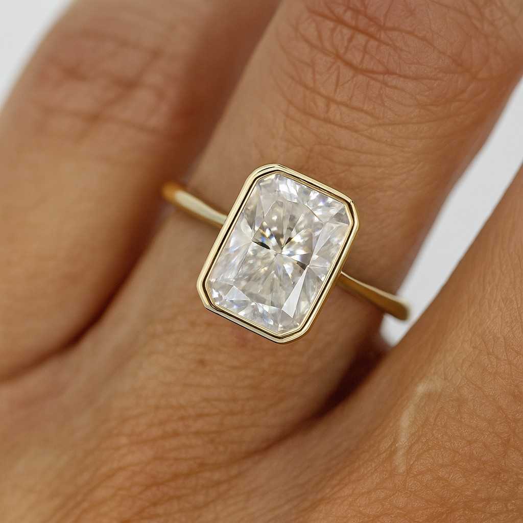 radiant cut moissanite engagement ring, radiant cut propose ring bezel set