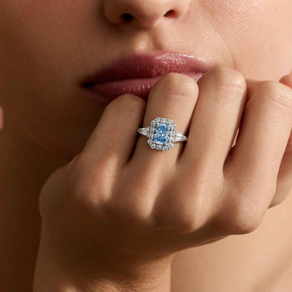 Radiant Cut Royal Blue Lab Grown Diamond Halo Engagement Ring with Half Eternity Pavé Band, Halo Engagement Ring for Women
