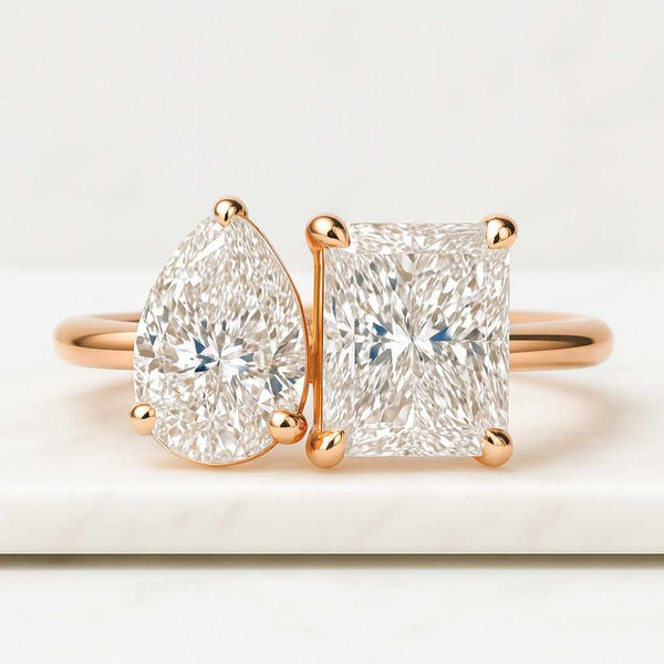 Radiant Pear Lab Grown Diamond Ring 18K Yellow Gold Toi Et Moi Ring