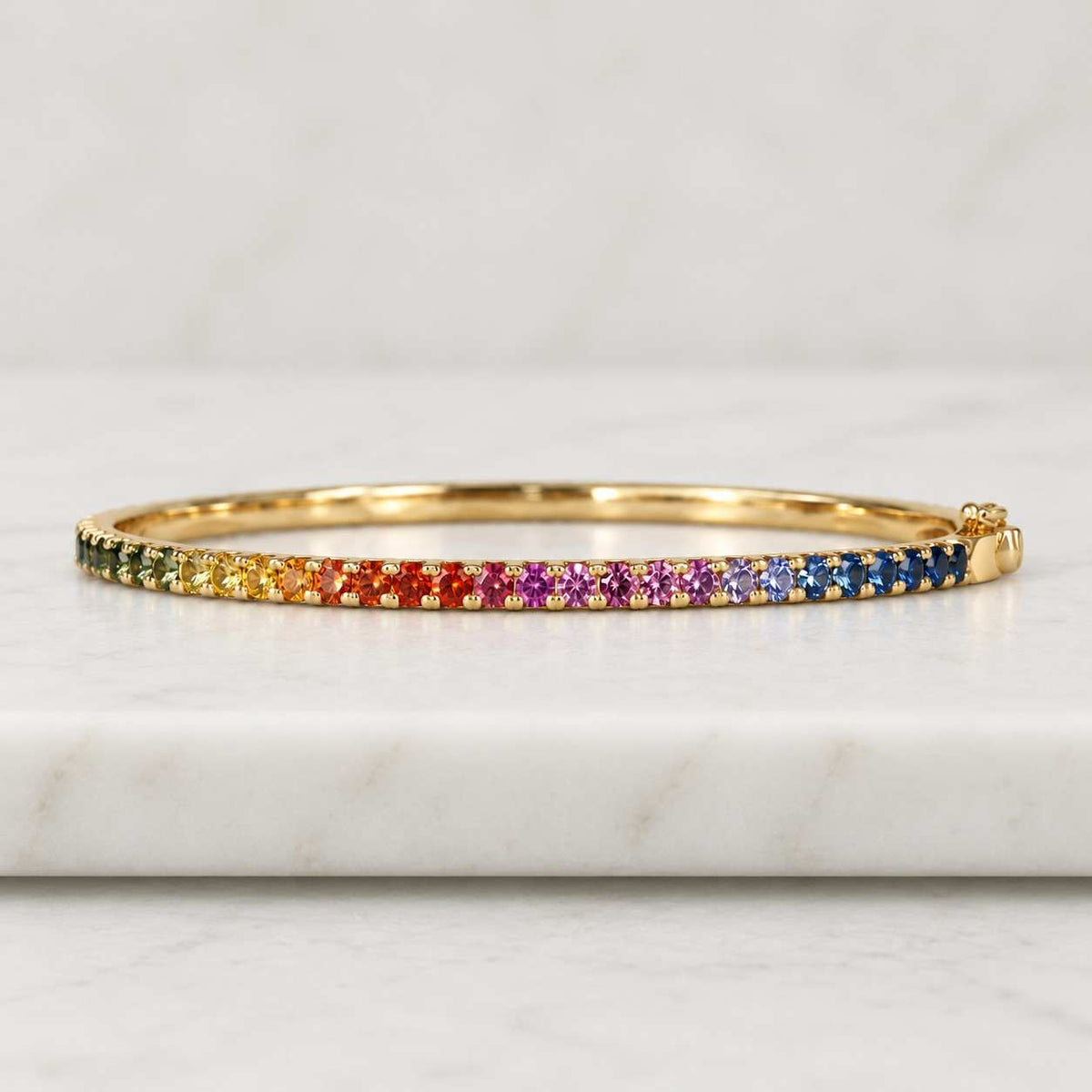Rainbow Sapphire princess cut channel bracelet bangle gold | Natural rainbow gemstone princess cut ombre bangle gold | Rainbow gemstone gold

