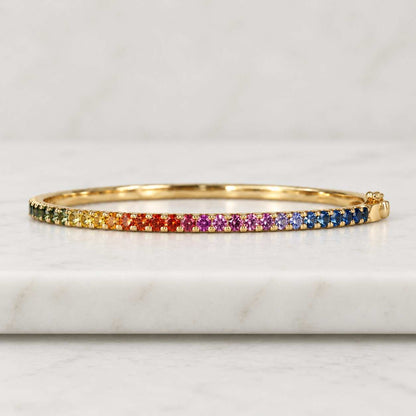 Rainbow Sapphire princess cut channel bracelet bangle gold | Natural rainbow gemstone princess cut ombre bangle gold | Rainbow gemstone gold
