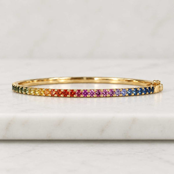 Rainbow Sapphire princess cut channel bracelet bangle gold | Natural rainbow gemstone princess cut ombre bangle gold | Rainbow gemstone gold
