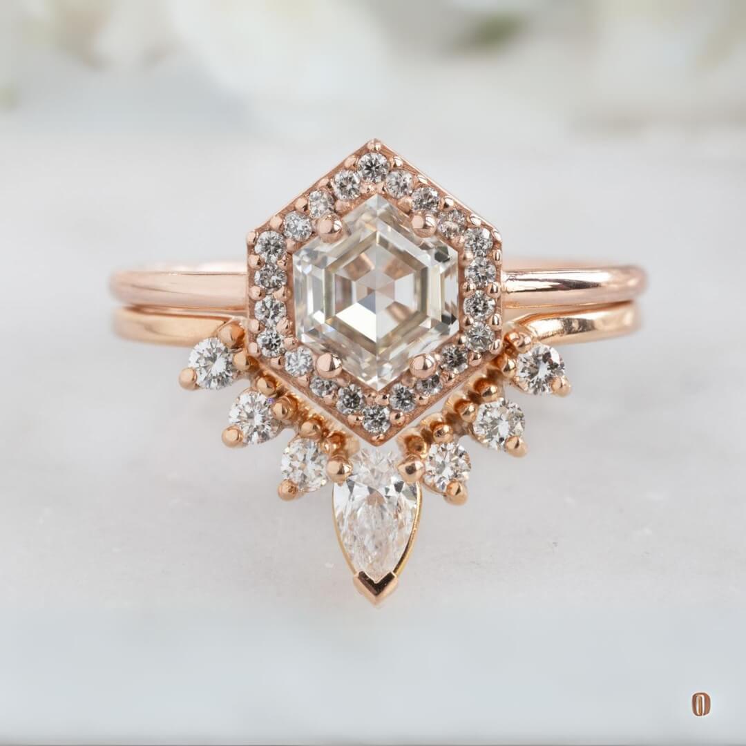 Raw Diamond Hexagon Triangle Diamond, Salt and Pepper, Plain Unique Bridal Engagement Set