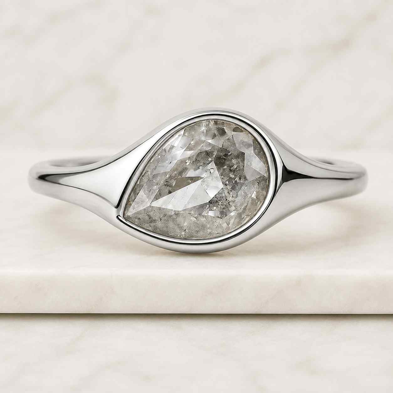 Raw Salt and Pepper Diamond, Pear Diamond Ring, Unique Engagement Bridal Set, Black, Gray Pear, 14k Yellow, Rose, or White Gold