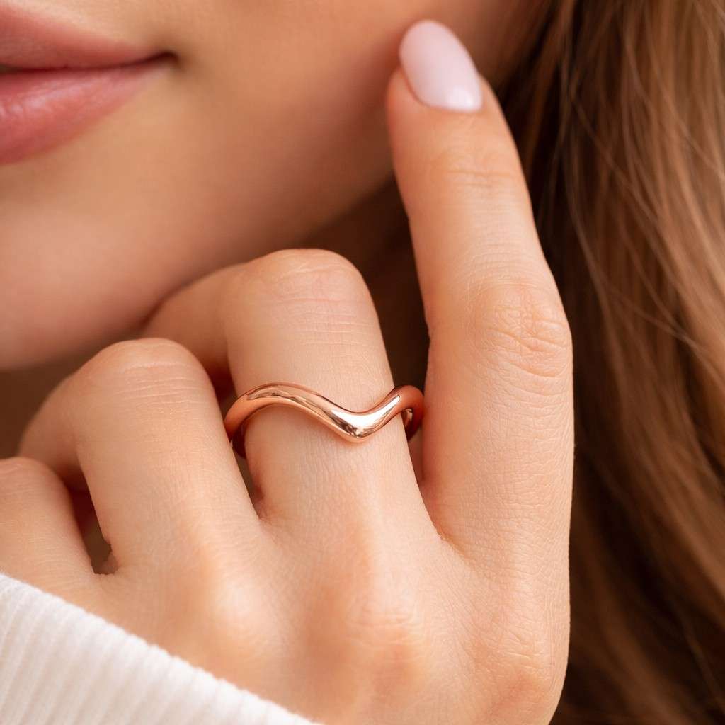 Gold Curved Stacking Ring Minimalist Wave Wedding Band Dainty Plain No Stone Matching Ring Women Simple Chevron Stackable Promise Band
