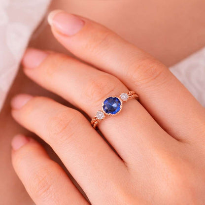 Round Cut Royal Sapphire Engagement Ring, Nature Inspired Engraved Leaf Wedding Band, Unisex Couple Promise Ring, Anniversary Gift for Him
