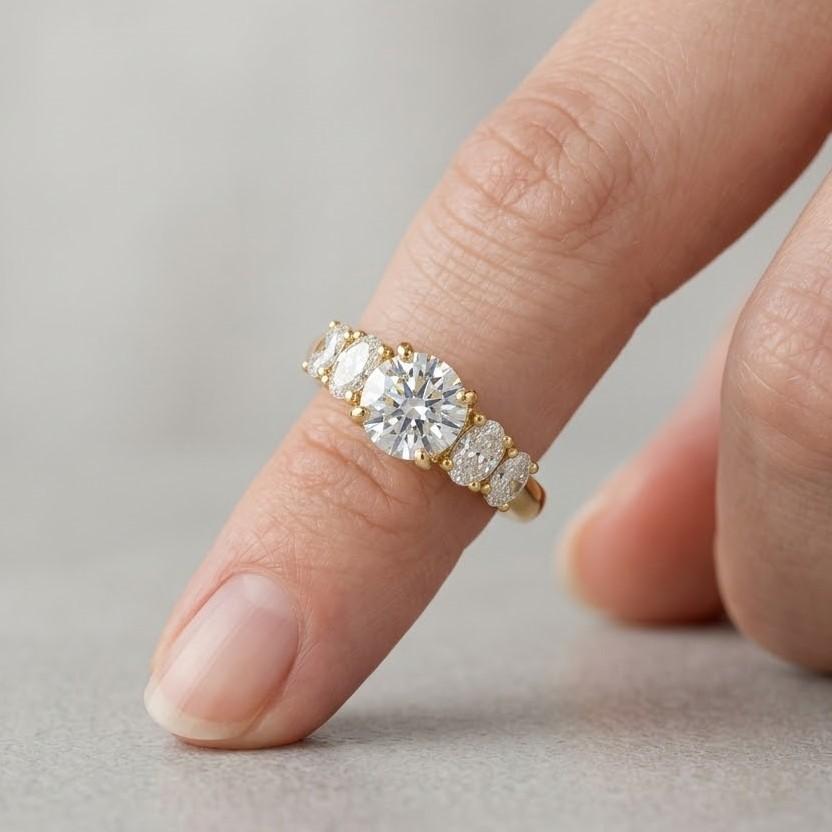 Ready To Ship, Round Cut Lab Diamond Five Stone Ring, Eco Friendly Diamond Engagement Ring, CVD Diamond Stackable Ring, 14K Yellow Gold Ring
