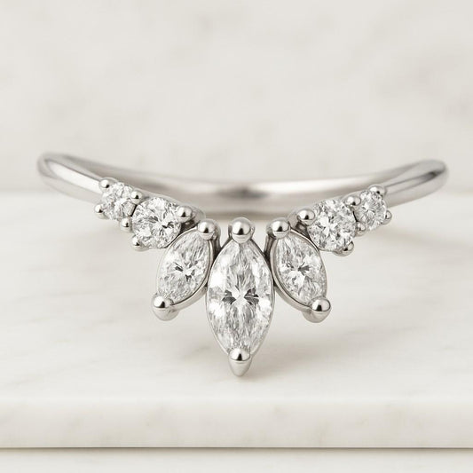 Real Lab Grown Diamond Marquise Bridal Stacking Ring Lab Diamond Marquise Band Wedding Ring Solid Yellow Rose White Gold Eternity Ring 5 Stone Ring Dainty Stackable Ring