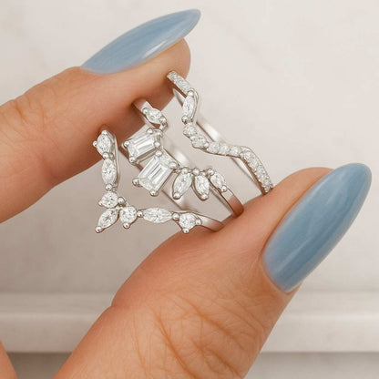 Real Lab Grown Diamond Marquise Round Half Eternity Diamond Ring Curved Diamond Wedding Ring Marquise Stackable Ring for Engagement Ring